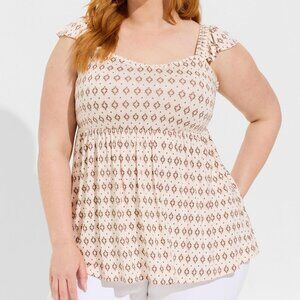 NWOT Torrid 1x Babydoll Super Soft Ruffle Tank Cream/Ivory Pink Brown Geo